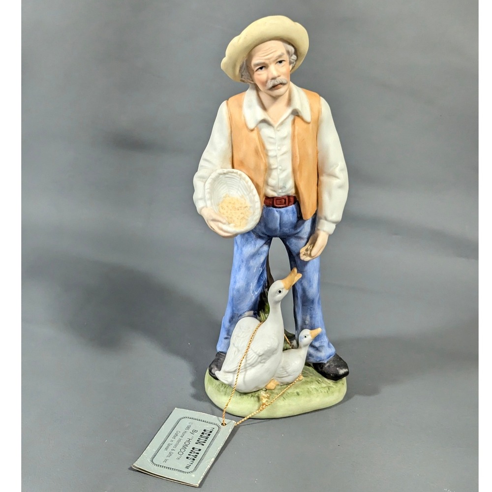 Homco Denim Days Porcelain Figurine 1426 Farmer Feeding Geese 1985 Vintage